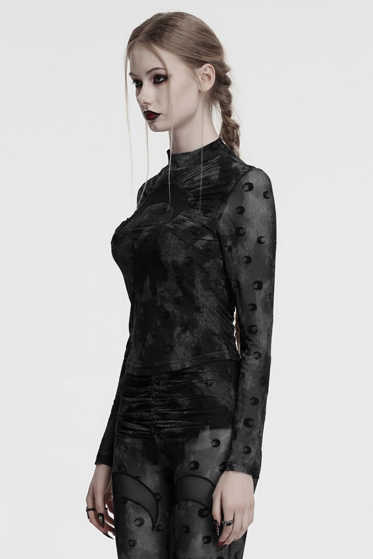 Lolita Blouse - Moon Print Mesh Ruched, Gray, Women's Style, Printed, Gothic Style - additional product view 2