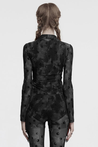 Lolita Blouse - Moon Print Mesh Ruched, Gray, Women's Style, Printed, Gothic Style - additional product view 3