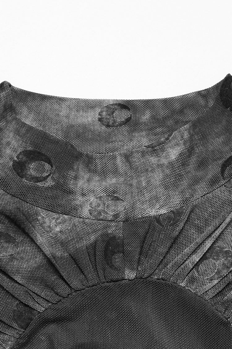 Lolita Blouse - Moon Print Mesh Ruched, Gray, Women's Style, Printed, Gothic Style - additional product view 7