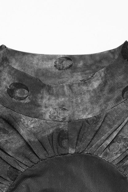 Lolita Blouse - Moon Print Mesh Ruched, Gray, Women's Style, Printed, Gothic Style - additional product view 7