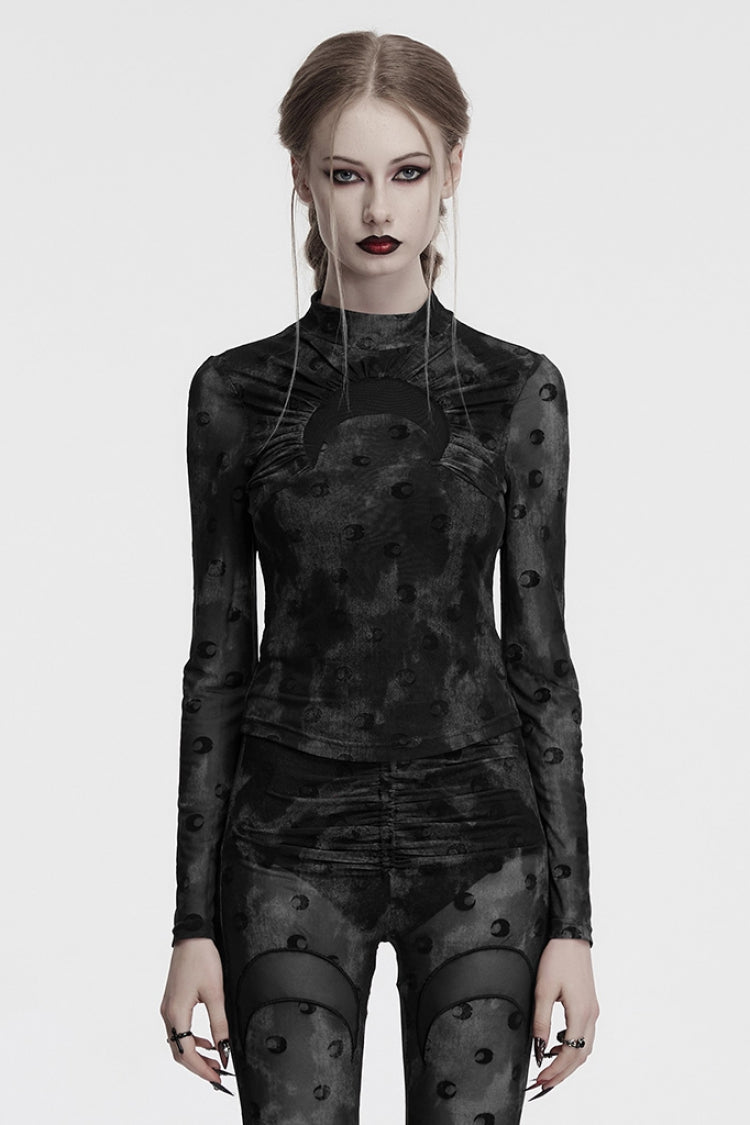Lolita Blouse - Moon Print Mesh Ruched, Gray, Women's Style, Printed, Gothic Style - main product image