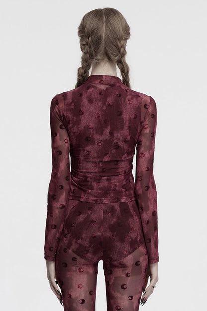 Lolita Blouse - Moon Print Mesh Ruched, Red, Women's Style, Printed, Gothic Style - additional product view 2