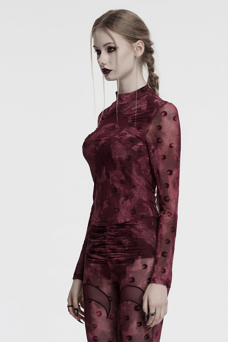 Lolita Blouse - Moon Print Mesh Ruched, Red, Women's Style, Printed, Gothic Style - additional product view 3
