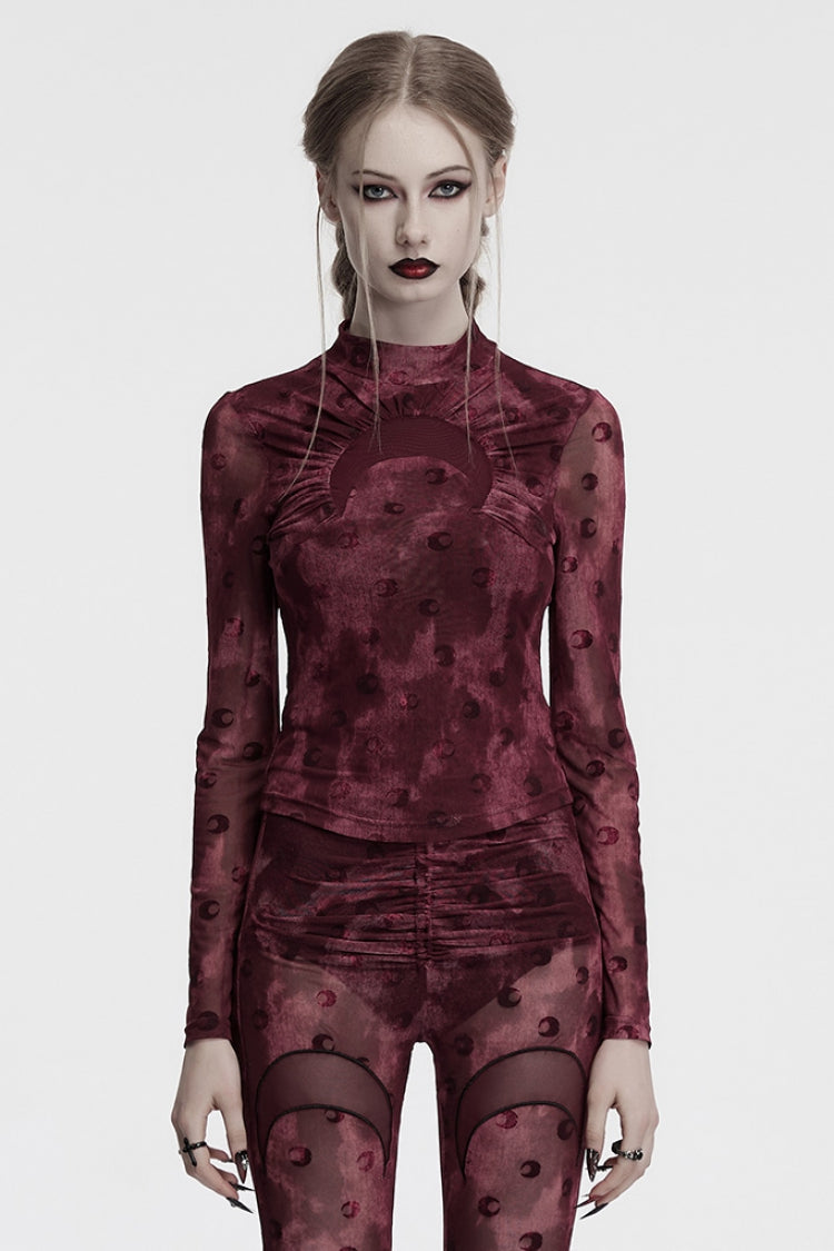 Lolita Blouse - Moon Print Mesh Ruched, Red, Women's Style, Printed, Gothic Style - main product image