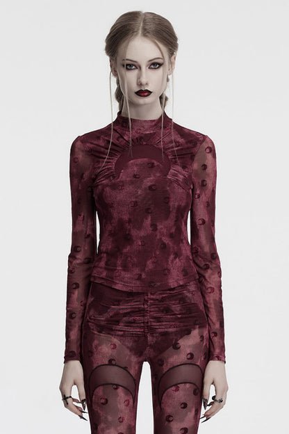 Lolita Blouse - Moon Print Mesh Ruched, Red, Women's Style, Printed, Gothic Style - main product image