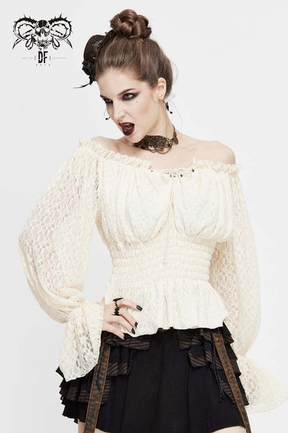 Lolita Blouse - Off Shoulder, White, Women's Style, Lace Trim, Ruffled - additional product view 2
