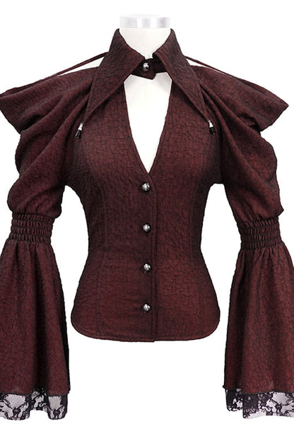 Lolita Blouse - Off The Shoulder Trumpet Sleeves, Red, Women's Style, Lace Trim - additional product view 4