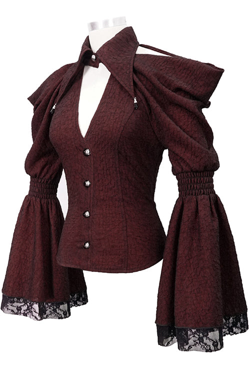 Lolita Blouse - Off The Shoulder Trumpet Sleeves, Red, Women's Style, Lace Trim - additional product view 5