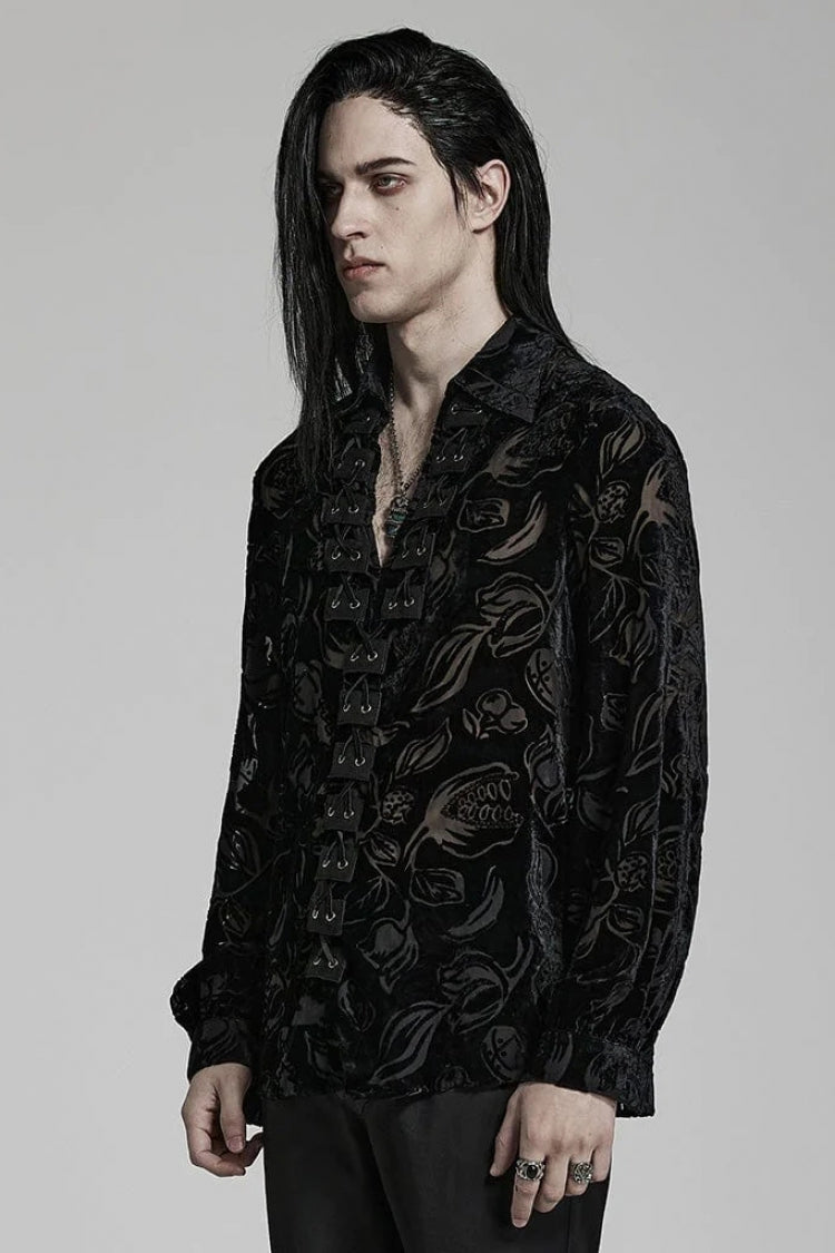 Lolita Blouse - Piranha Print Lapel Collar, 2 Colors, Men's Style, Long Sleeves - additional product view 2