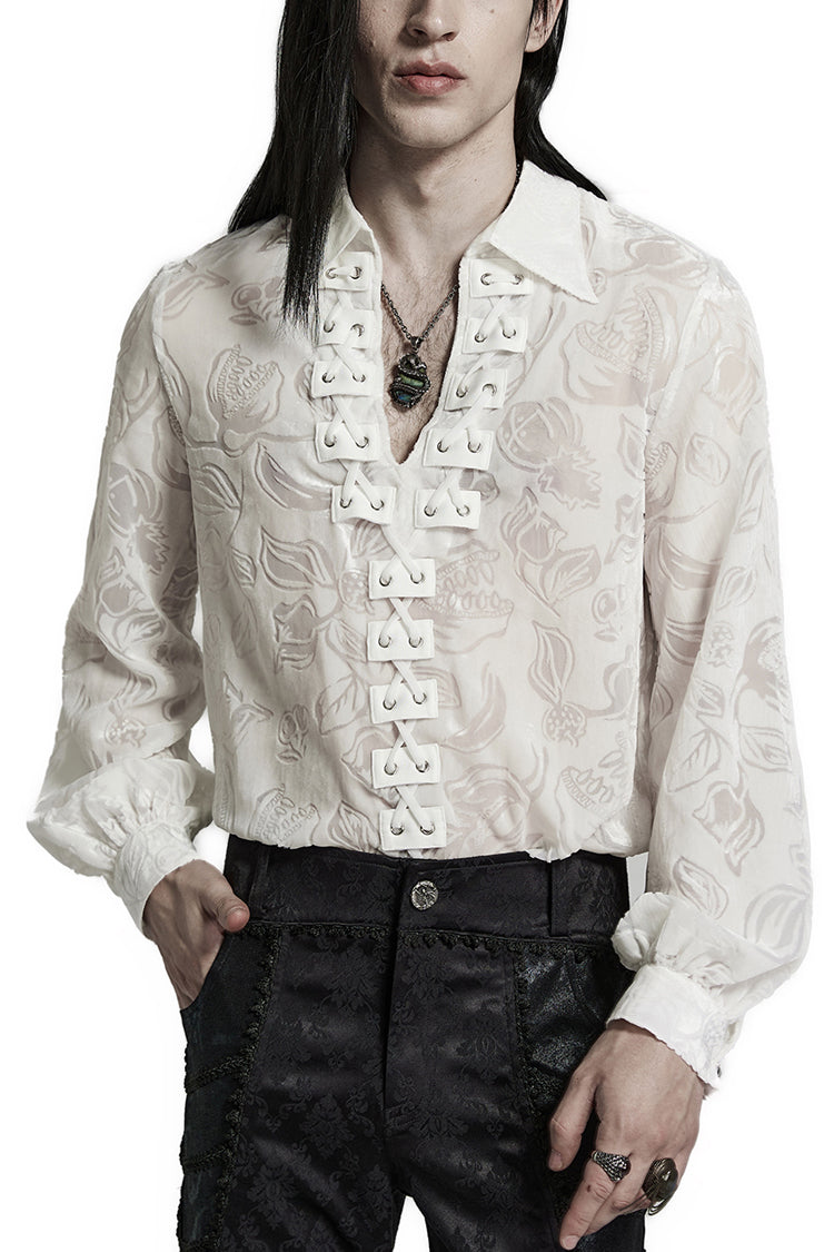 Lolita Blouse - Piranha Print Lapel Collar, 2 Colors, Men's Style, Long Sleeves - S White / M White / L White option