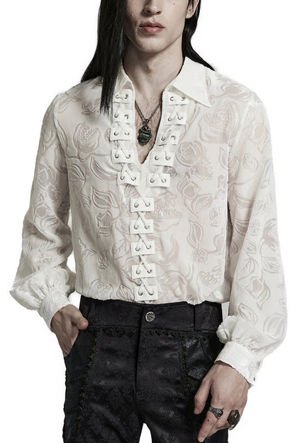 Lolita Blouse - Piranha Print Lapel Collar, 2 Colors, Men's Style, Long Sleeves - S White / M White / L White option
