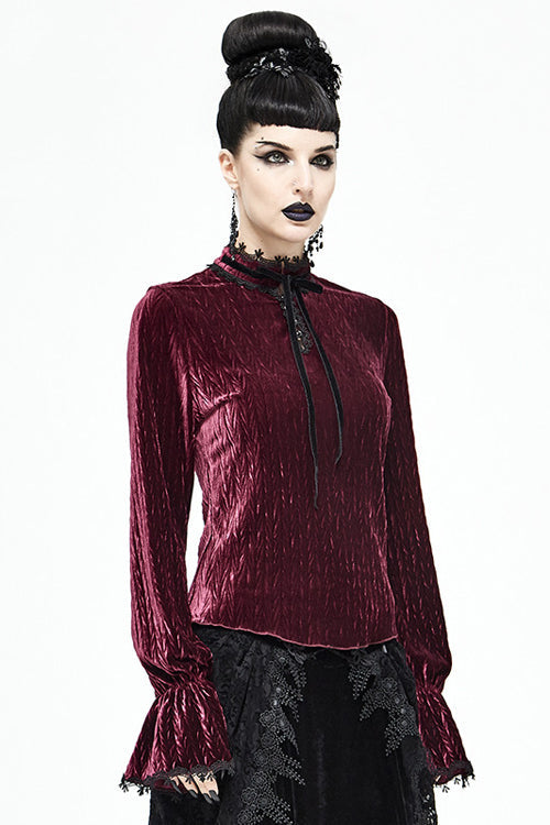 Lolita Blouse - Pleated Velvet Trumpet Sleeves, Red, Pleated, Women's Style, Gothic Style - additional product view 2