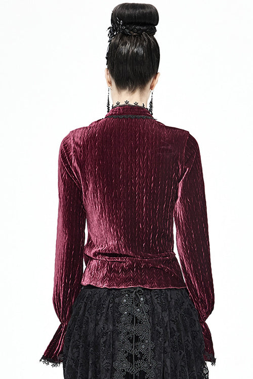 Lolita Blouse - Pleated Velvet Trumpet Sleeves, Red, Pleated, Women's Style, Gothic Style - additional product view 3