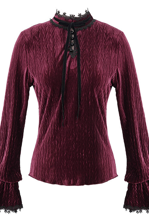 Lolita Blouse - Pleated Velvet Trumpet Sleeves, Red, Pleated, Women's Style, Gothic Style - additional product view 4