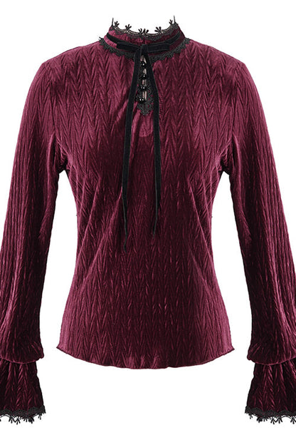 Lolita Blouse - Pleated Velvet Trumpet Sleeves, Red, Pleated, Women's Style, Gothic Style - additional product view 4