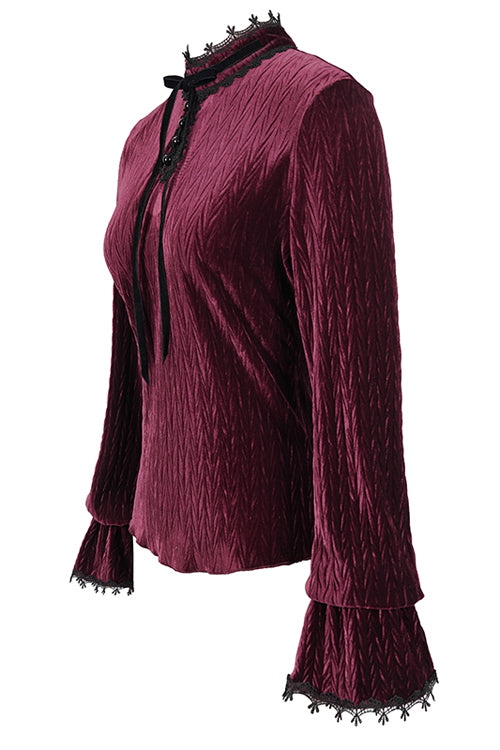Lolita Blouse - Pleated Velvet Trumpet Sleeves, Red, Pleated, Women's Style, Gothic Style - additional product view 5