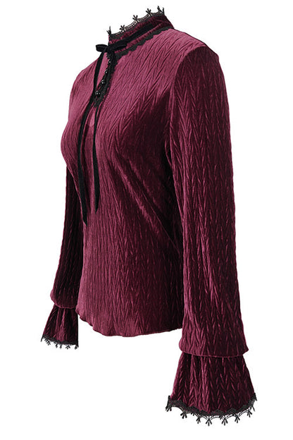 Lolita Blouse - Pleated Velvet Trumpet Sleeves, Red, Pleated, Women's Style, Gothic Style - additional product view 5