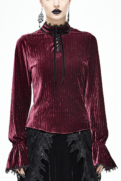 Lolita Blouse - Pleated Velvet Trumpet Sleeves, Red, Pleated, Women's Style, Gothic Style - main product image