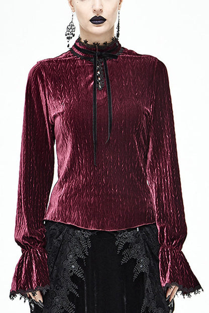 Lolita Blouse - Pleated Velvet Trumpet Sleeves, Red, Pleated, Women's Style, Gothic Style - main product image
