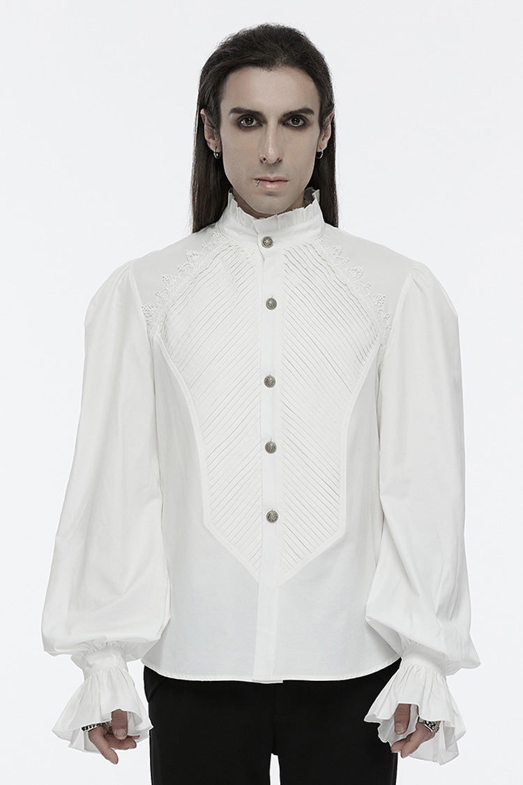 Lolita Blouse - Stand Collar Puff Crochet, White, Puff Sleeves, Stand Collar, Men's Style - main product image