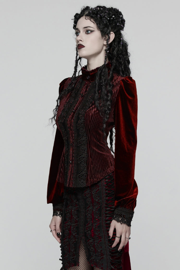 Lolita Blouse - Stand Collar Puff Floral, Red, Puff Sleeves, Stand Collar, Women's Style - additional product view 2