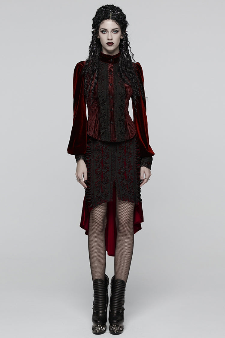 Lolita Blouse - Stand Collar Puff Floral, Red, Puff Sleeves, Stand Collar, Women's Style - additional product view 4