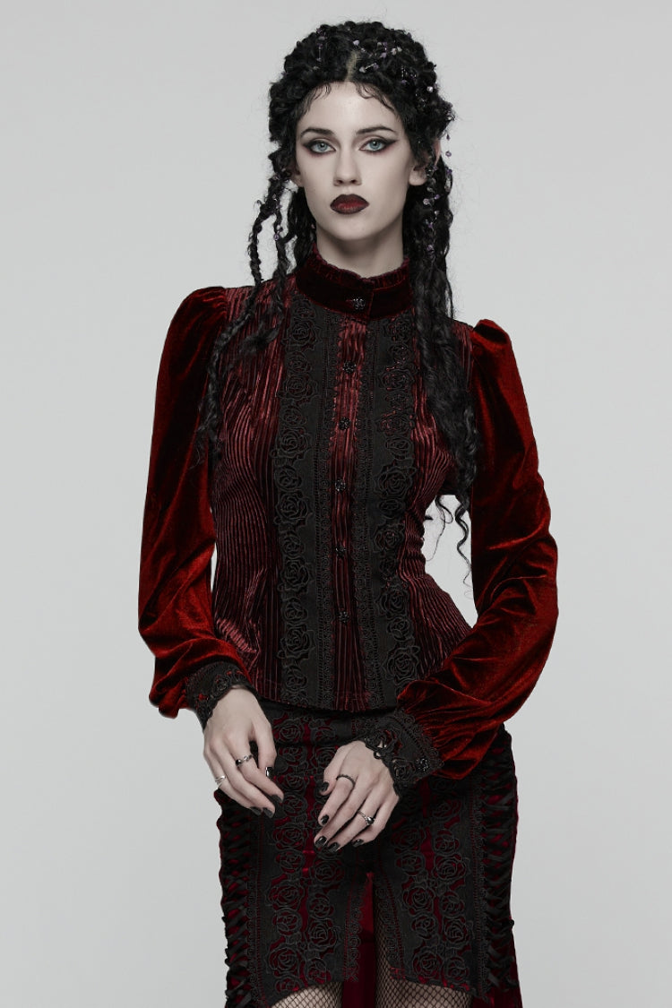 Lolita Blouse - Stand Collar Puff Floral, Red, Puff Sleeves, Stand Collar, Women's Style - main product image