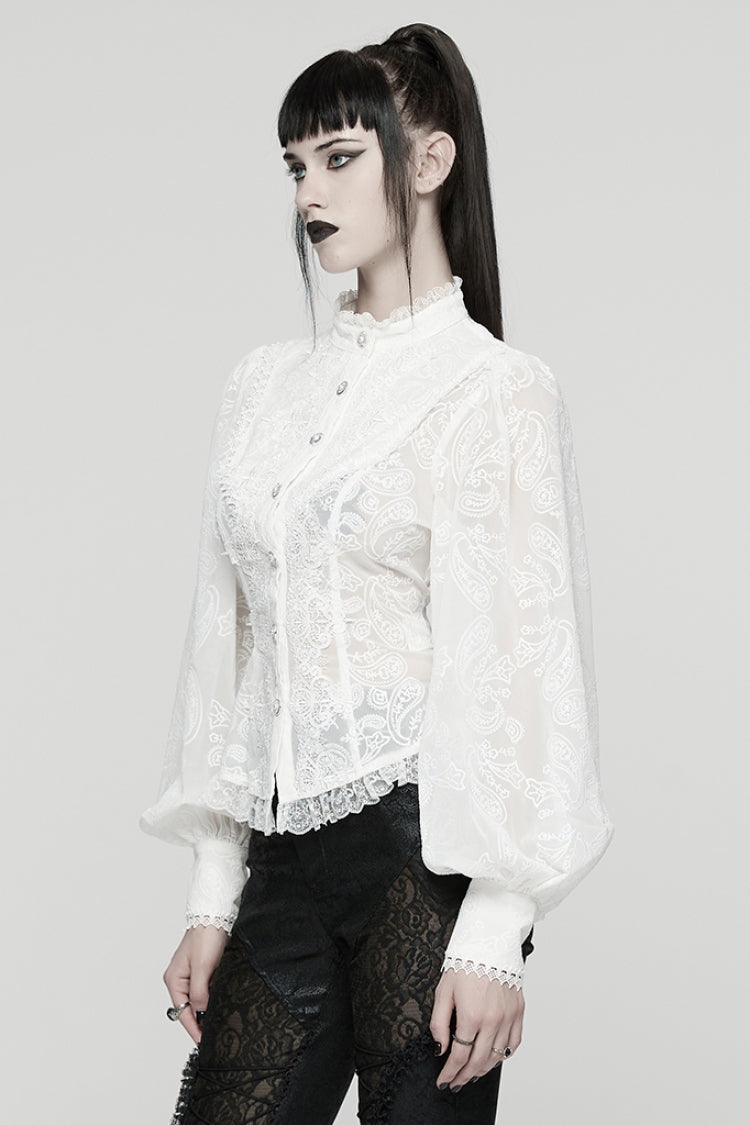 Lolita Blouse - Stand Collar Puff Floral, White, Puff Sleeves, Stand Collar, Women's Style - additional product view 2