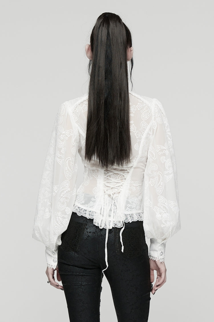 Lolita Blouse - Stand Collar Puff Floral, White, Puff Sleeves, Stand Collar, Women's Style - additional product view 3