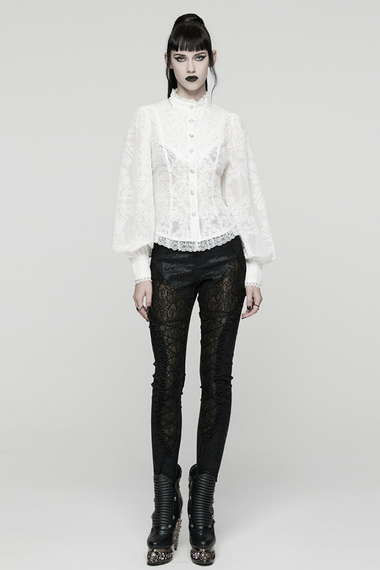 Lolita Blouse - Stand Collar Puff Floral, White, Puff Sleeves, Stand Collar, Women's Style - additional product view 4