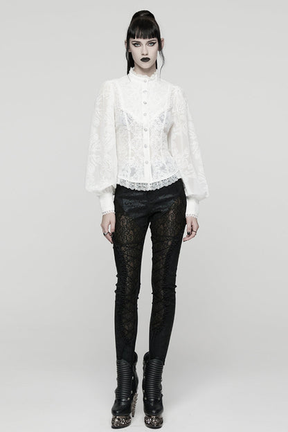 Lolita Blouse - Stand Collar Puff Floral, White, Puff Sleeves, Stand Collar, Women's Style - additional product view 4