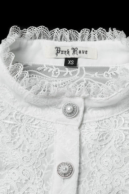 Lolita Blouse - Stand Collar Puff Floral, White, Puff Sleeves, Stand Collar, Women's Style - additional product view 5