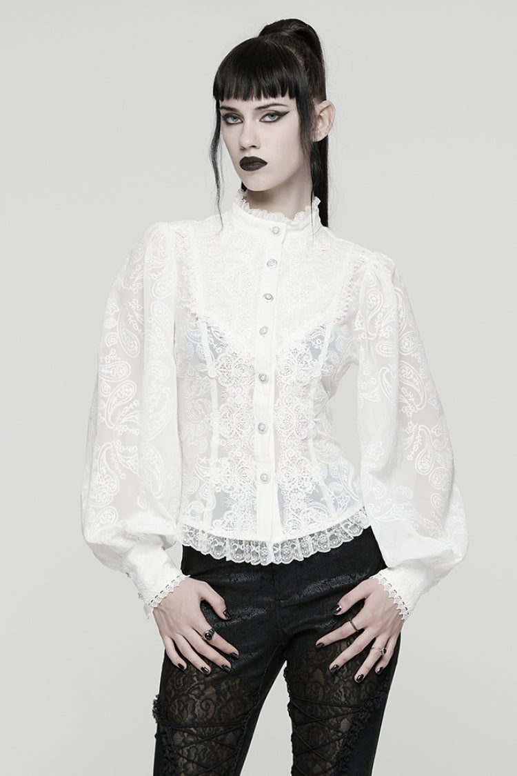 Lolita Blouse - Stand Collar Puff Floral, White, Puff Sleeves, Stand Collar, Women's Style - main product image
