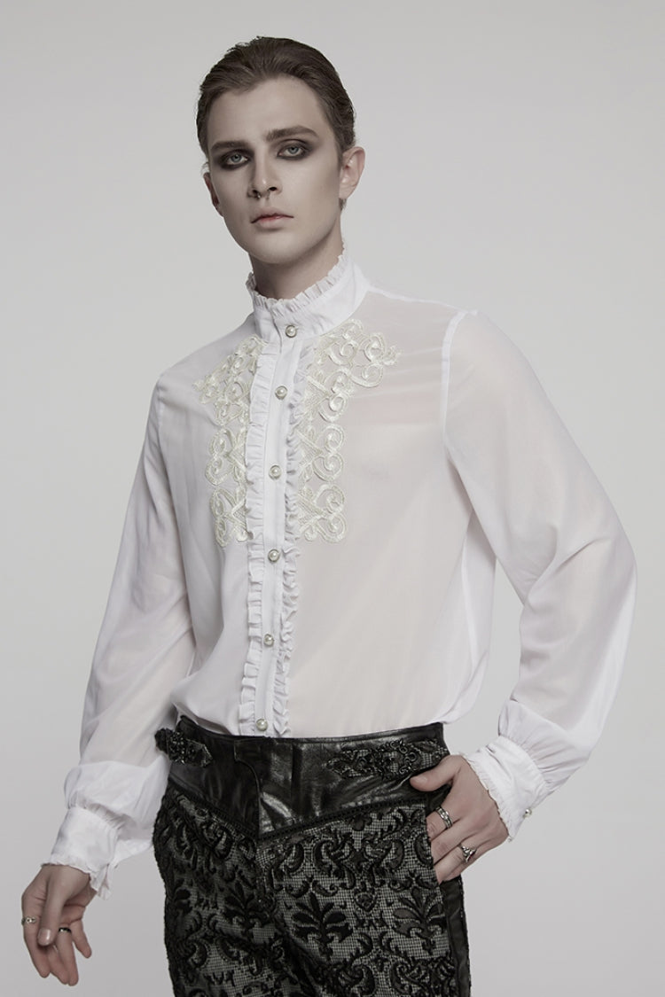 Lolita Blouse - Stand Collar Ruffle Embroidery, White, Stand Collar, Men's Style, Ruffled - additional product view 2