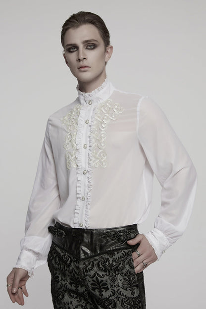 Lolita Blouse - Stand Collar Ruffle Embroidery, White, Stand Collar, Men's Style, Ruffled - additional product view 2