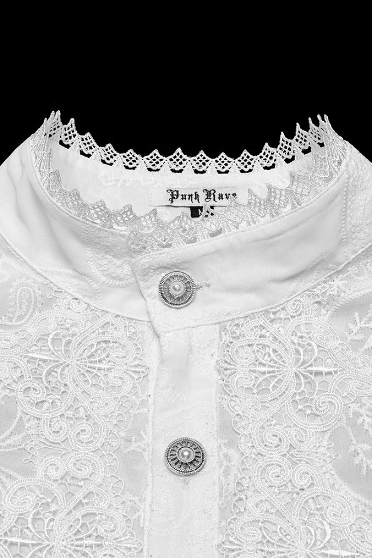 Lolita Blouse - Stand Collar Ruffle Embroidery, White, Stand Collar, Men's Style, Ruffled - additional product view 5