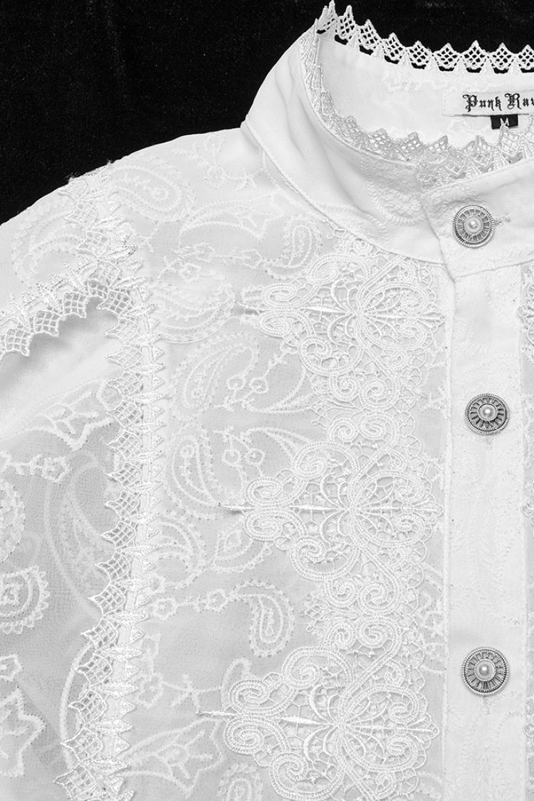 Lolita Blouse - Stand Collar Ruffle Embroidery, White, Stand Collar, Men's Style, Ruffled - additional product view 6