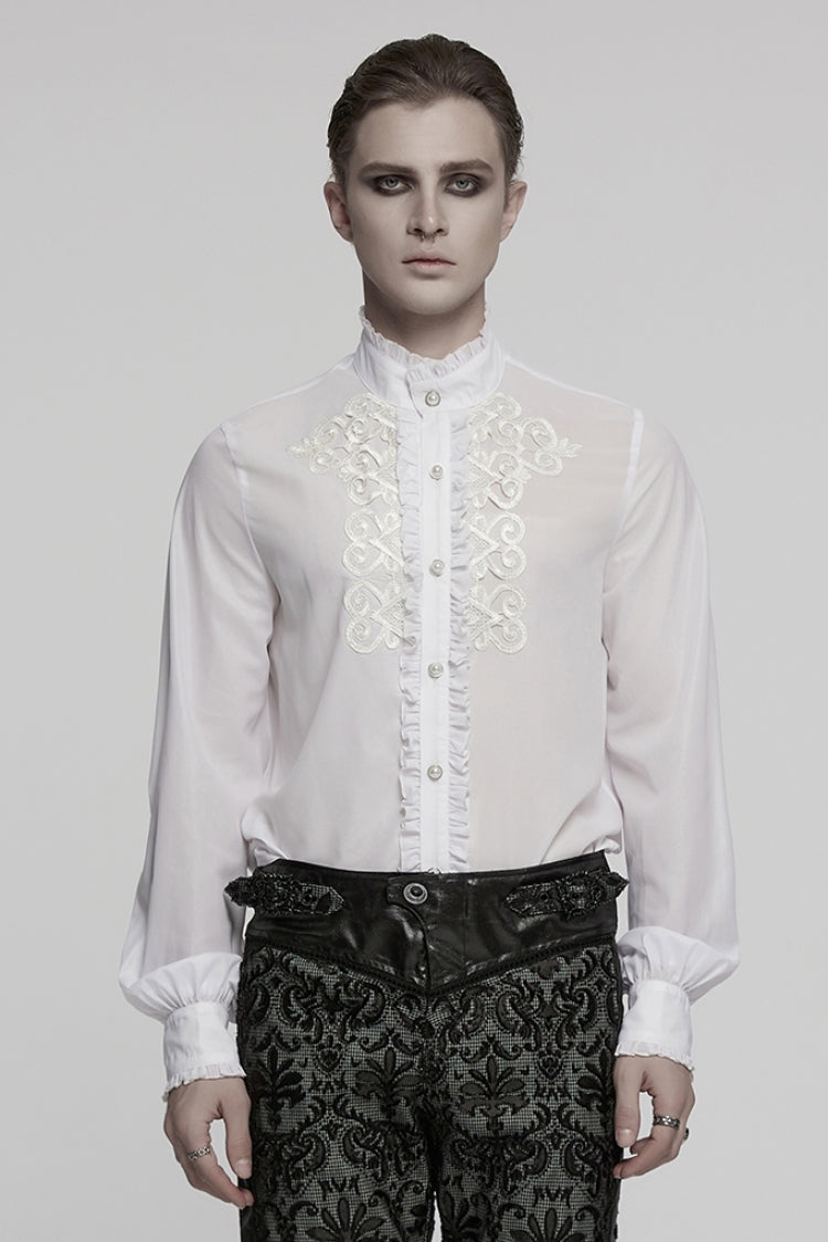 Lolita Blouse - Stand Collar Ruffle Embroidery, White, Stand Collar, Men's Style, Ruffled - main product image