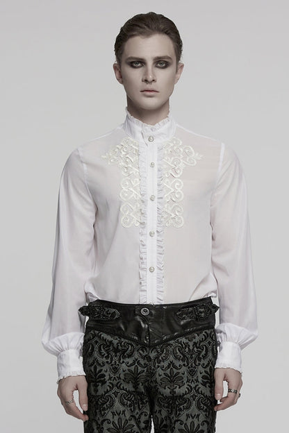 Lolita Blouse - Stand Collar Ruffle Embroidery, White, Stand Collar, Men's Style, Ruffled - main product image