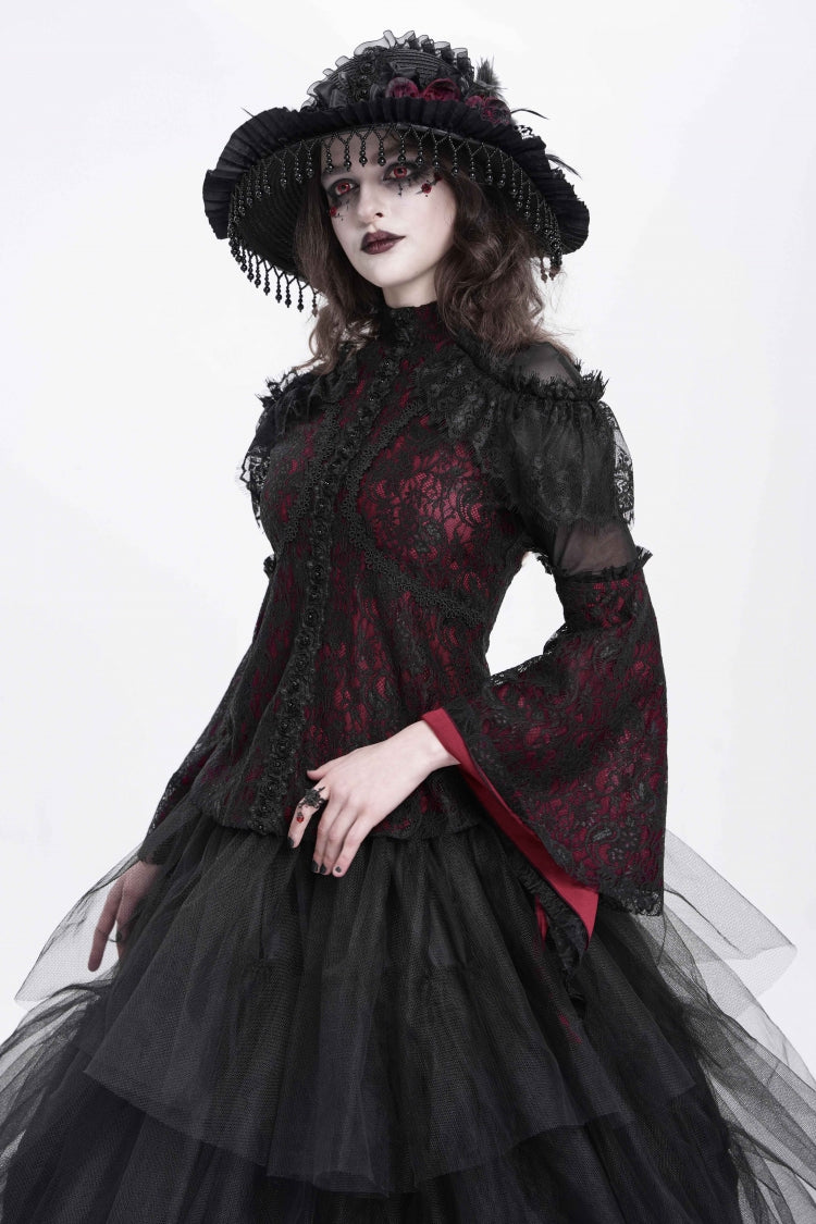 Lolita Blouse - Stand Collar Trumpet Embroidery, Red, Stand Collar, Women's Style - additional product view 2