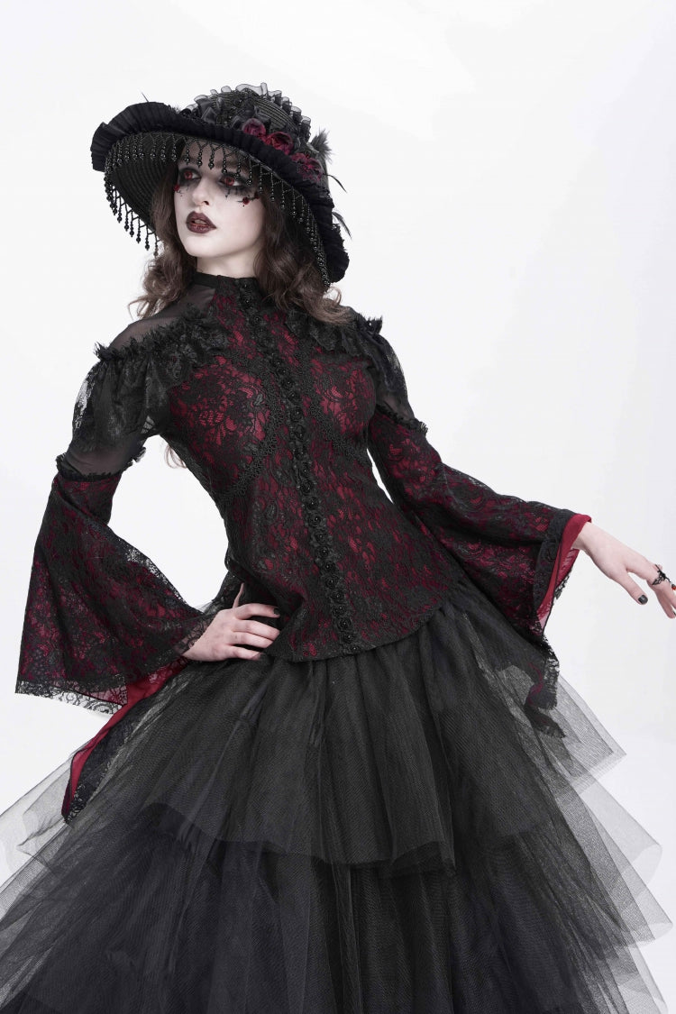 Lolita Blouse - Stand Collar Trumpet Embroidery, Red, Stand Collar, Women's Style - additional product view 3