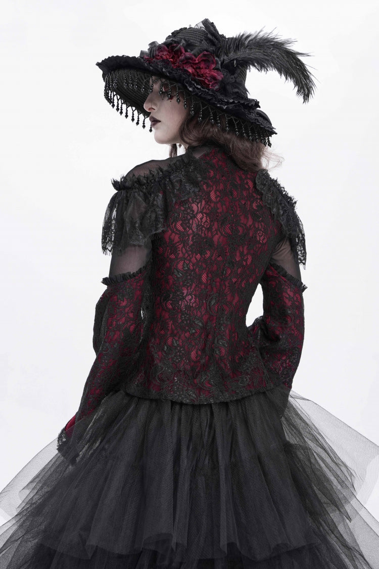 Lolita Blouse - Stand Collar Trumpet Embroidery, Red, Stand Collar, Women's Style - additional product view 5