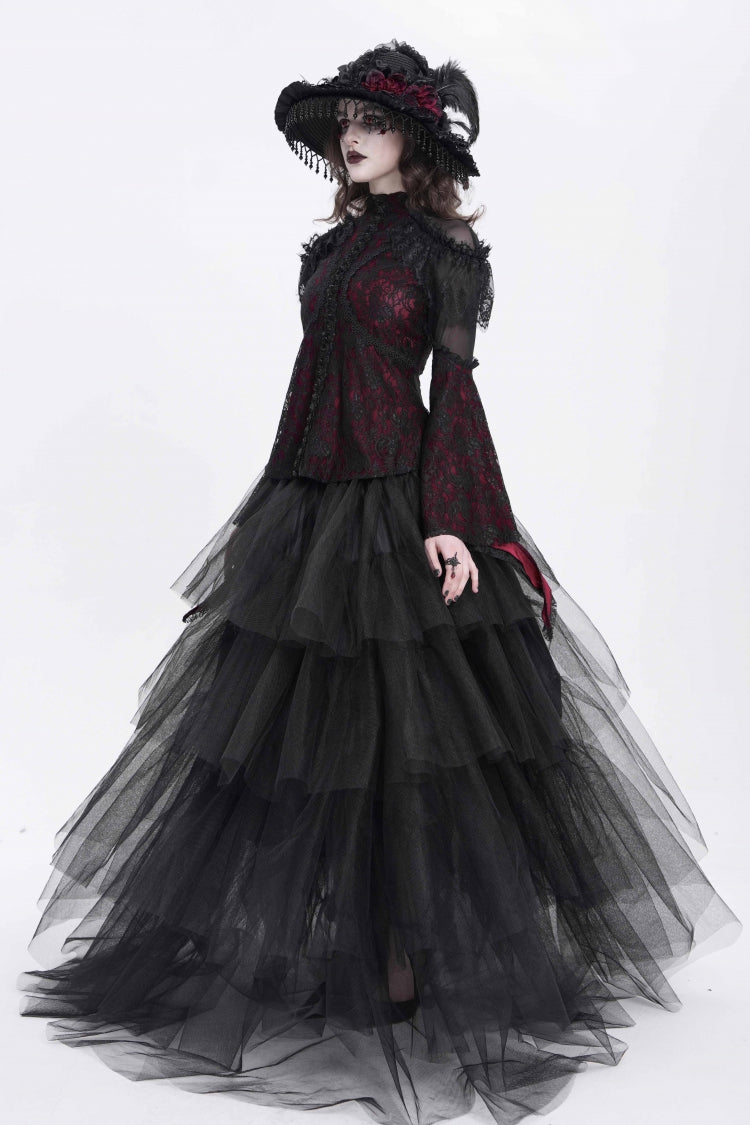 Lolita Blouse - Stand Collar Trumpet Embroidery, Red, Stand Collar, Women's Style - additional product view 6
