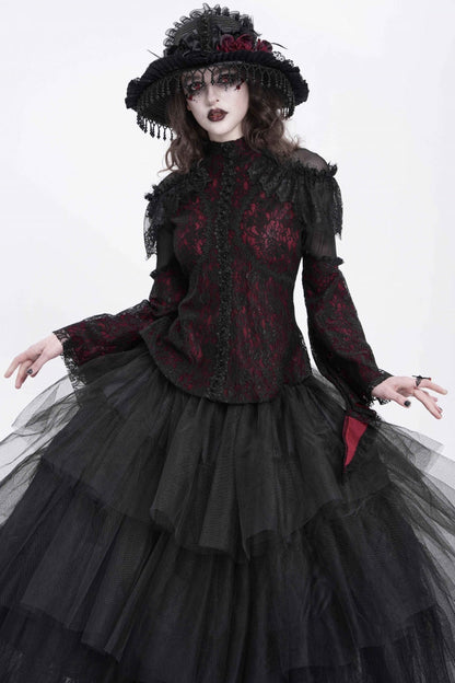 Lolita Blouse - Stand Collar Trumpet Embroidery, Red, Stand Collar, Women's Style - main product image