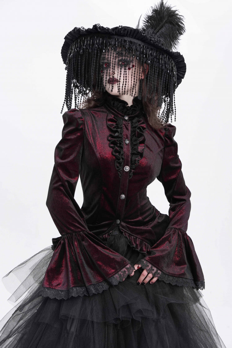 Lolita Blouse - Stand Collar Trumpet Ruffle, Red, Stand Collar, Women's Style - main product image