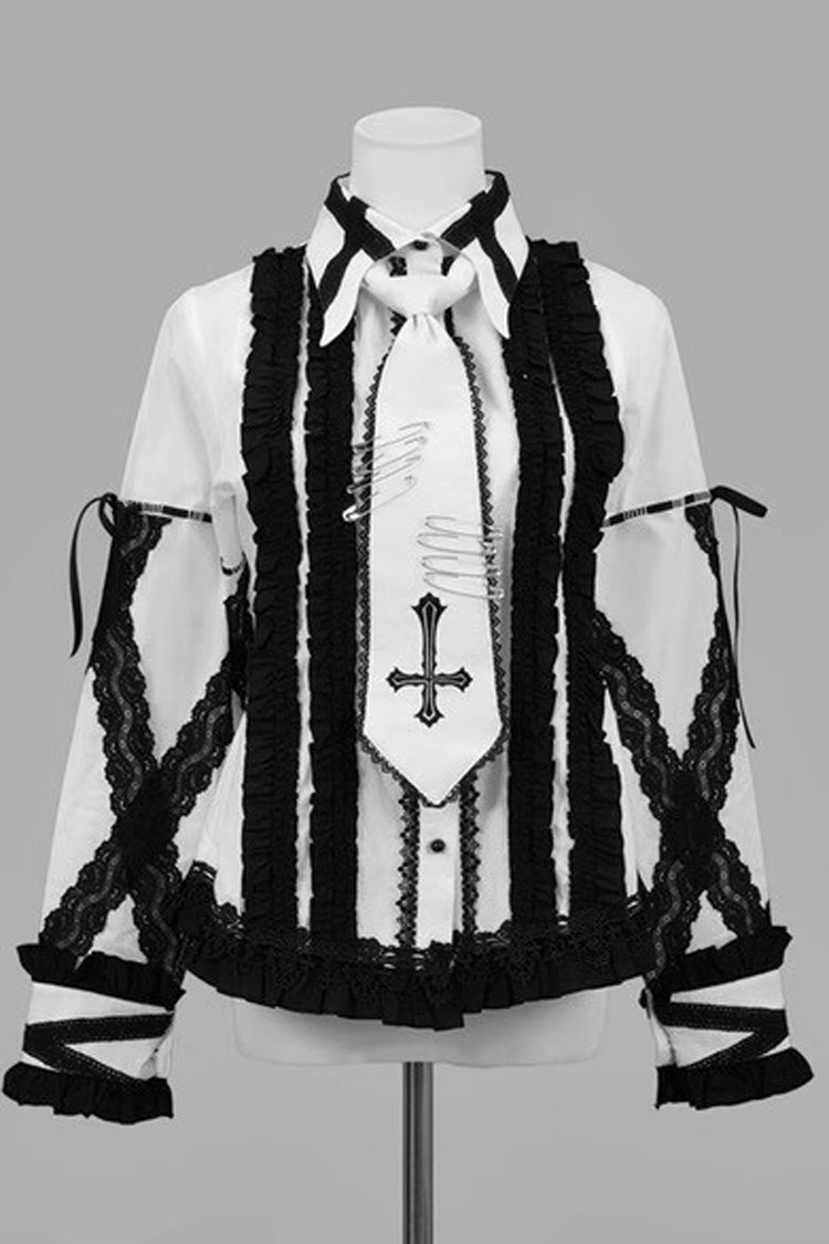 Lolita Blouse - White/black Lapel Collar, 2 Colors, Long Sleeves, Gothic Style - additional product view 3