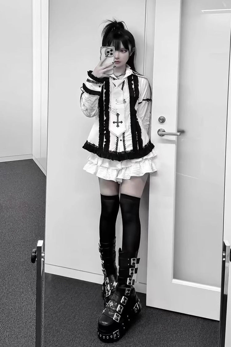 Lolita Blouse - White/black Lapel Collar, 2 Colors, Long Sleeves, Gothic Style - additional product view 5