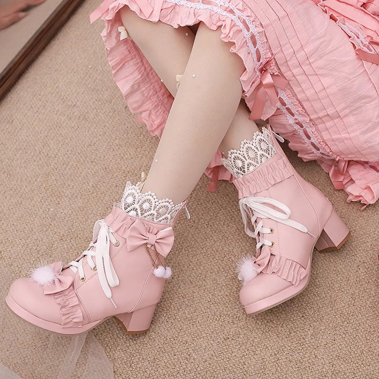 Lolita Boots - Bowknot Stitching Lace Gorgeous, 3 Colors, Lace Trim, Sweet Style - 34 Pink / 35 Pink / 36 Pink option