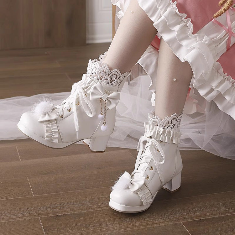 Lolita Boots - Bowknot Stitching Lace Gorgeous, 3 Colors, Lace Trim, Sweet Style - 34 White / 35 White / 36 White option