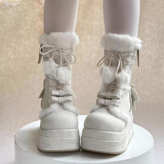 Lolita Boots - Cute Platform Thick-soled, Beige, Lace-Up, Platform Sole, Sweet Style - main product image